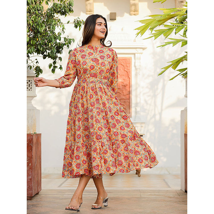 KAAJH Yellow-Red Floral Hand Block Print Cotton Dress with Belt (Set of 2)