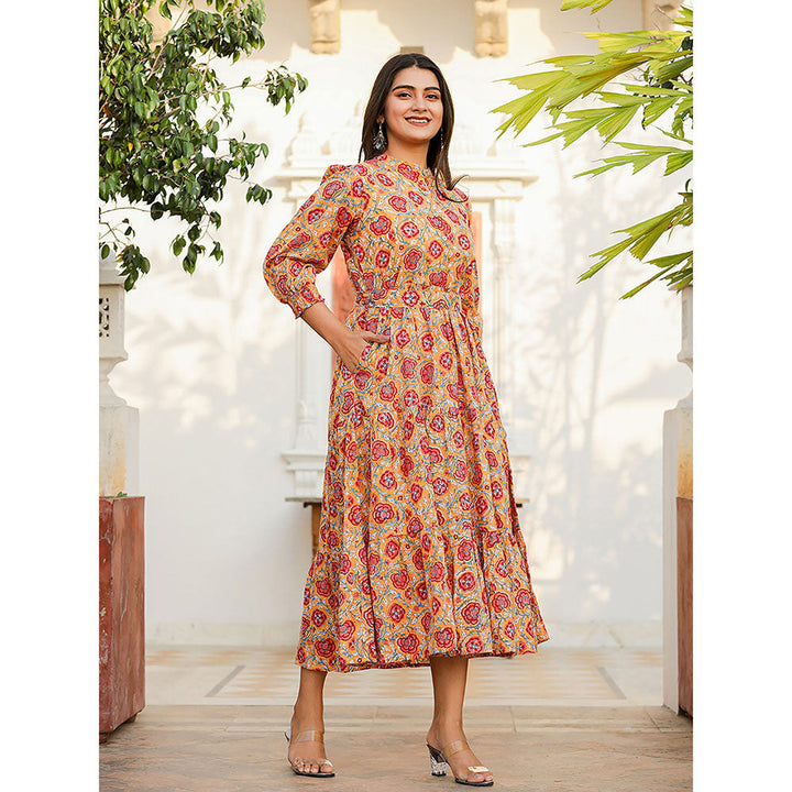 KAAJH Yellow-Red Floral Hand Block Print Cotton Dress with Belt (Set of 2)