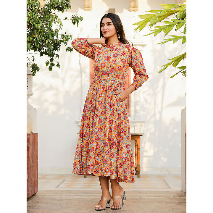 KAAJH Yellow-Red Floral Hand Block Print Cotton Dress with Belt (Set of 2)