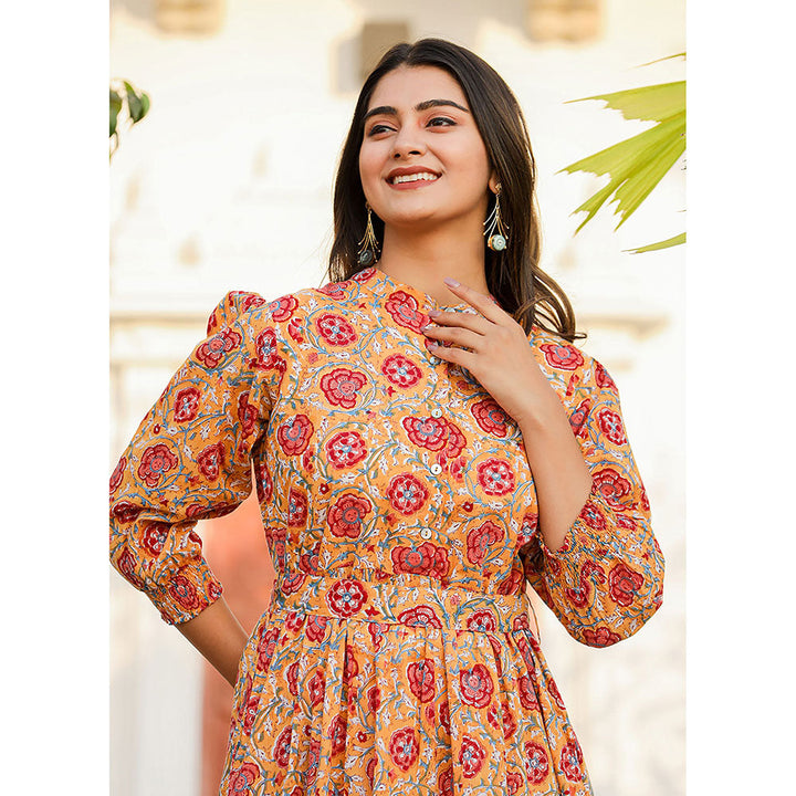 KAAJH Yellow-Red Floral Hand Block Print Cotton Dress with Belt (Set of 2)