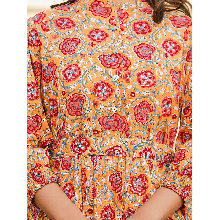 KAAJH Yellow-Red Floral Hand Block Print Cotton Dress with Belt (Set of 2)