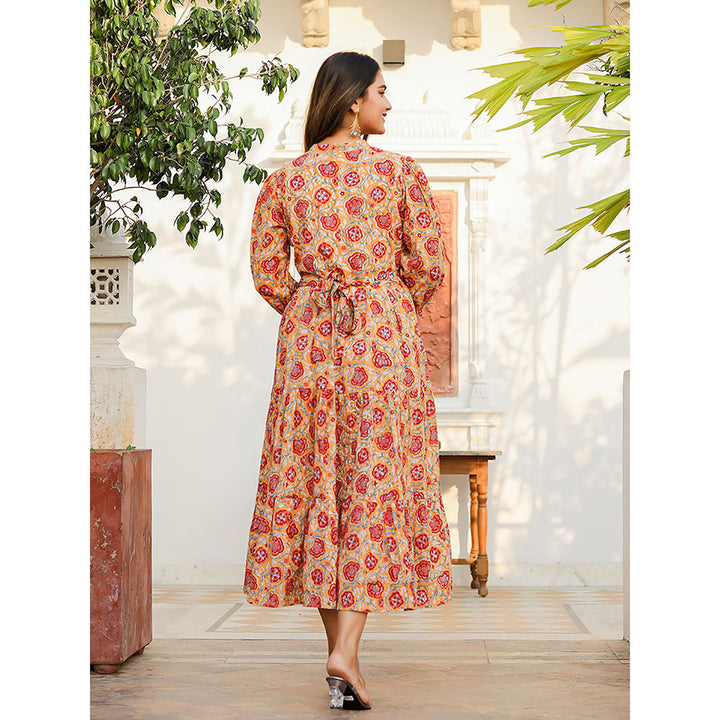 KAAJH Yellow-Red Floral Hand Block Print Cotton Dress with Belt (Set of 2)