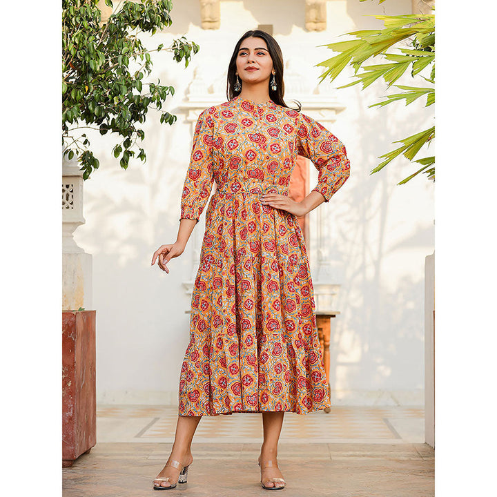 KAAJH Yellow-Red Floral Hand Block Print Cotton Dress with Belt (Set of 2)