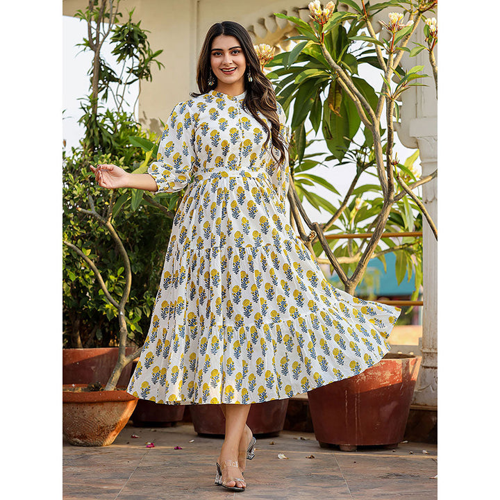 KAAJH White-Yellow Ethnic Floral Hand Block Print Cotton Dress with Belt (Set of 2)