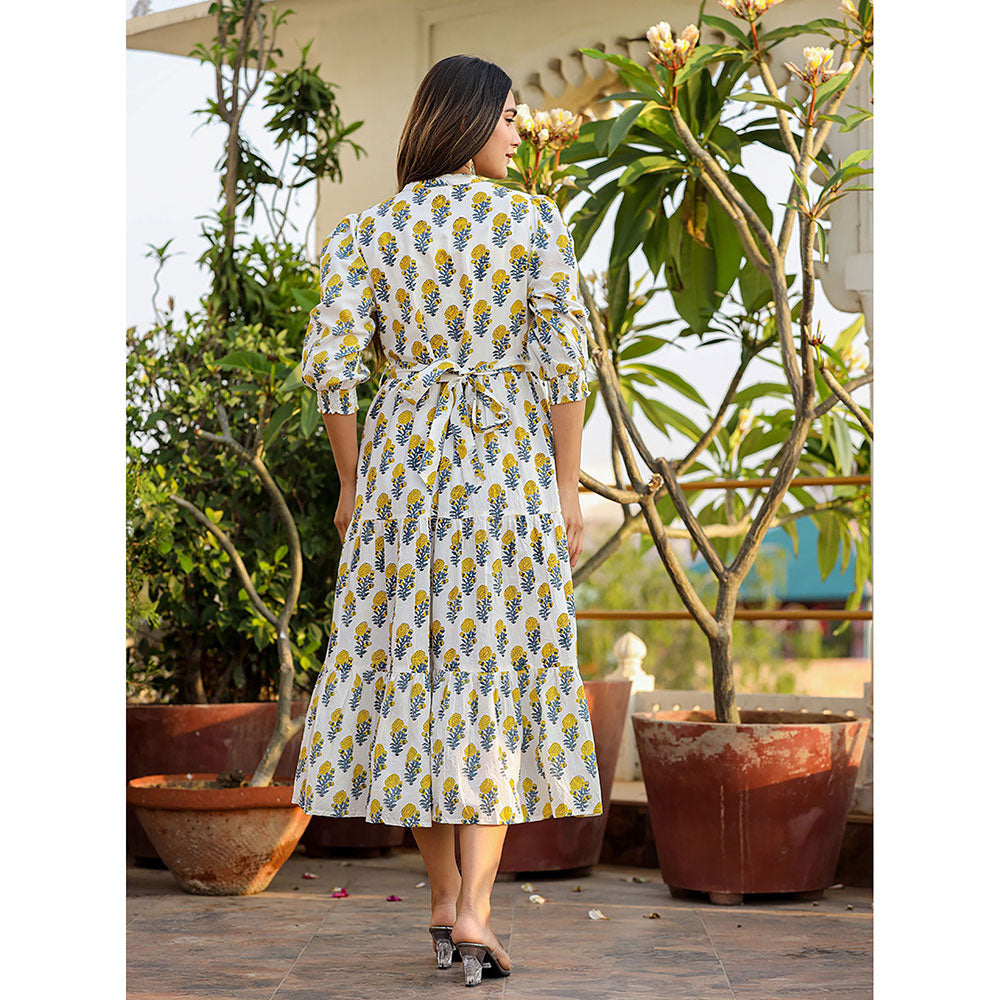 KAAJH White-Yellow Ethnic Floral Hand Block Print Cotton Dress with Belt (Set of 2)