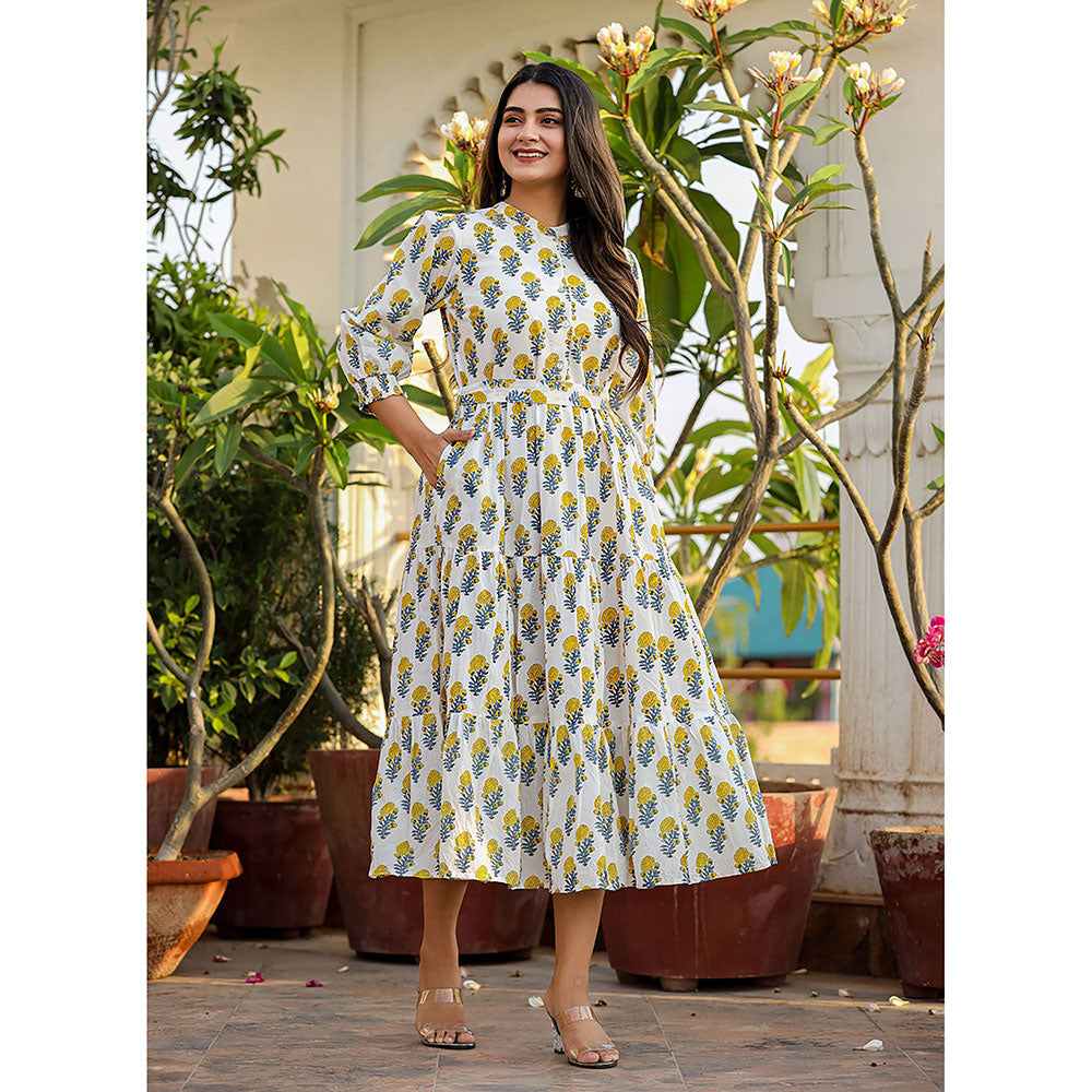 KAAJH White-Yellow Ethnic Floral Hand Block Print Cotton Dress with Belt (Set of 2)