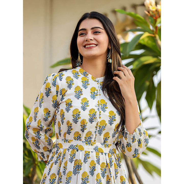 KAAJH White-Yellow Ethnic Floral Hand Block Print Cotton Dress with Belt (Set of 2)