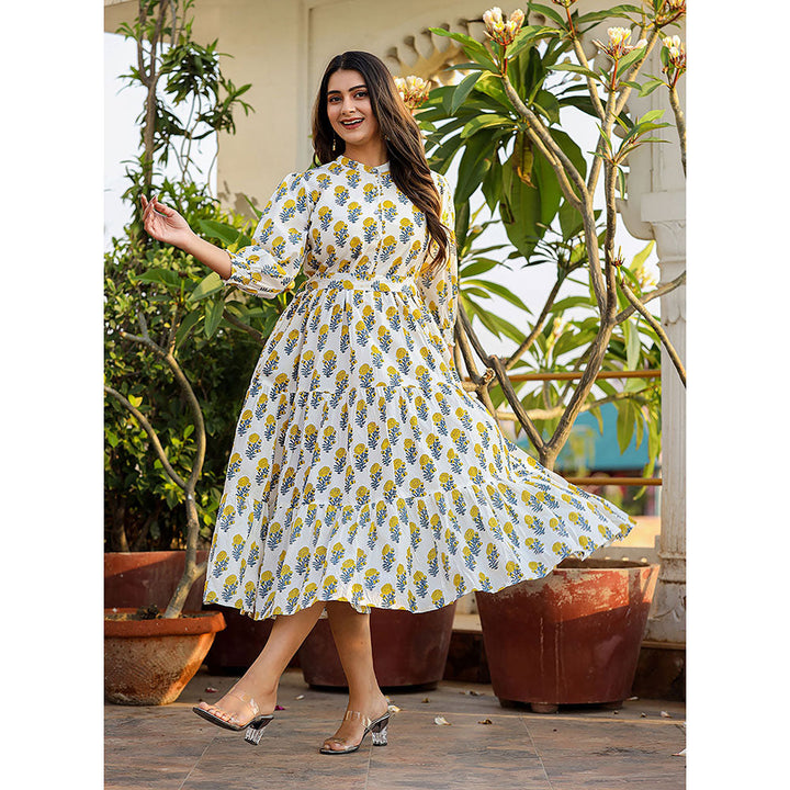 KAAJH White-Yellow Ethnic Floral Hand Block Print Cotton Dress with Belt (Set of 2)