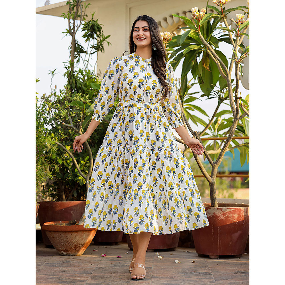 KAAJH White-Yellow Ethnic Floral Hand Block Print Cotton Dress with Belt (Set of 2)