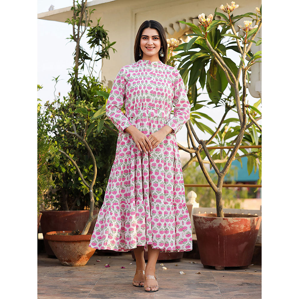 KAAJH Pink Floral Print Cotton Handblock Dress with Belt (Set of 2)