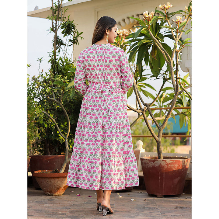 KAAJH Pink Floral Print Cotton Handblock Dress with Belt (Set of 2)