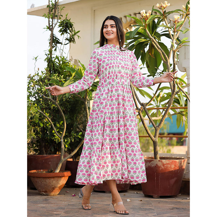 KAAJH Pink Floral Print Cotton Handblock Dress with Belt (Set of 2)