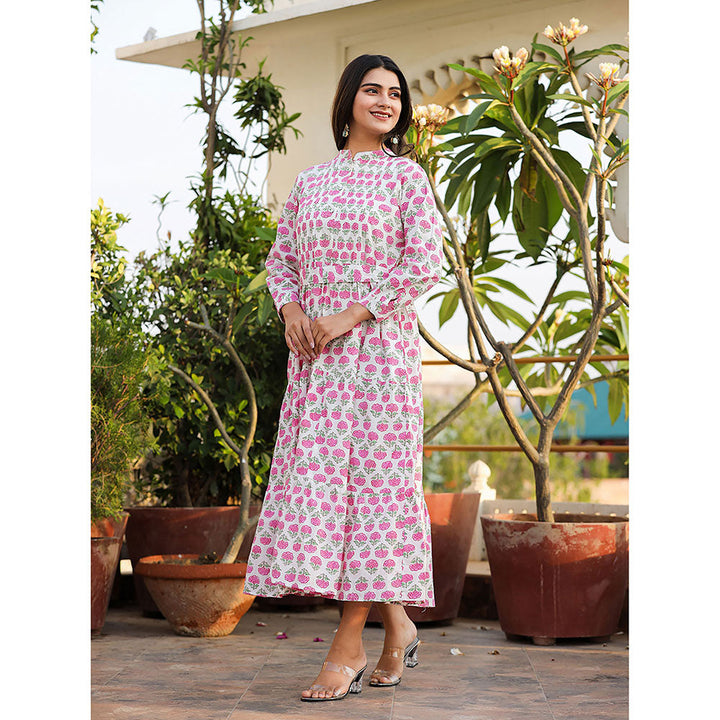 KAAJH Pink Floral Print Cotton Handblock Dress with Belt (Set of 2)