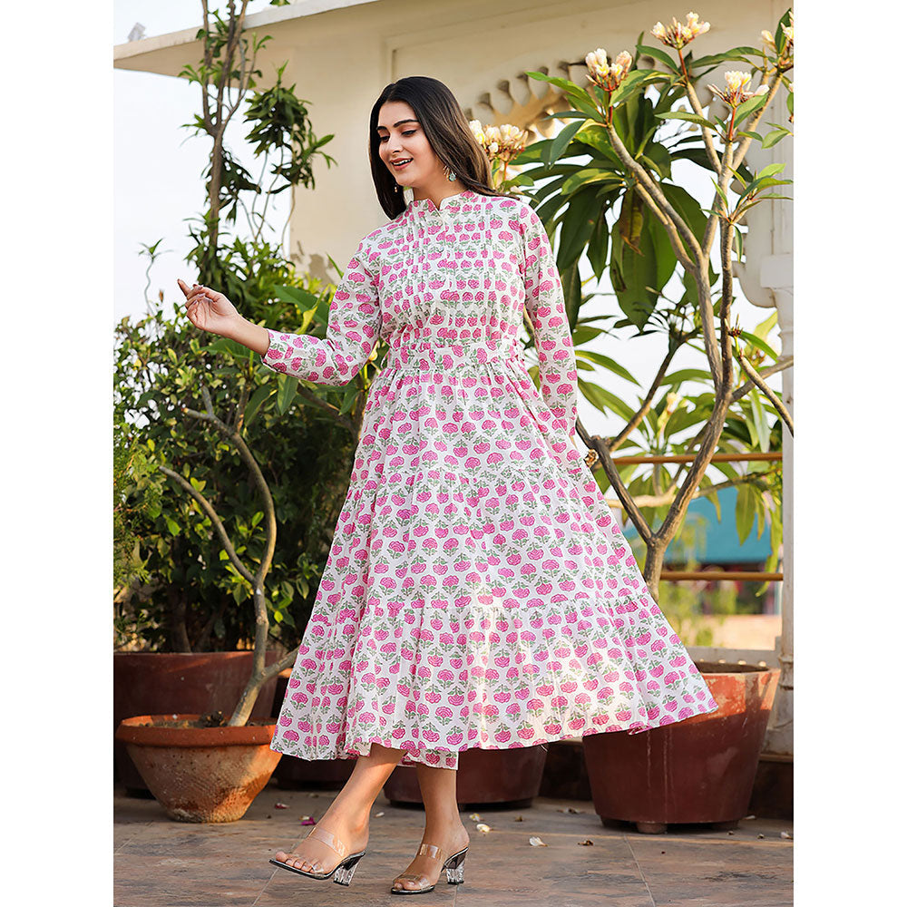 KAAJH Pink Floral Print Cotton Handblock Dress with Belt (Set of 2)