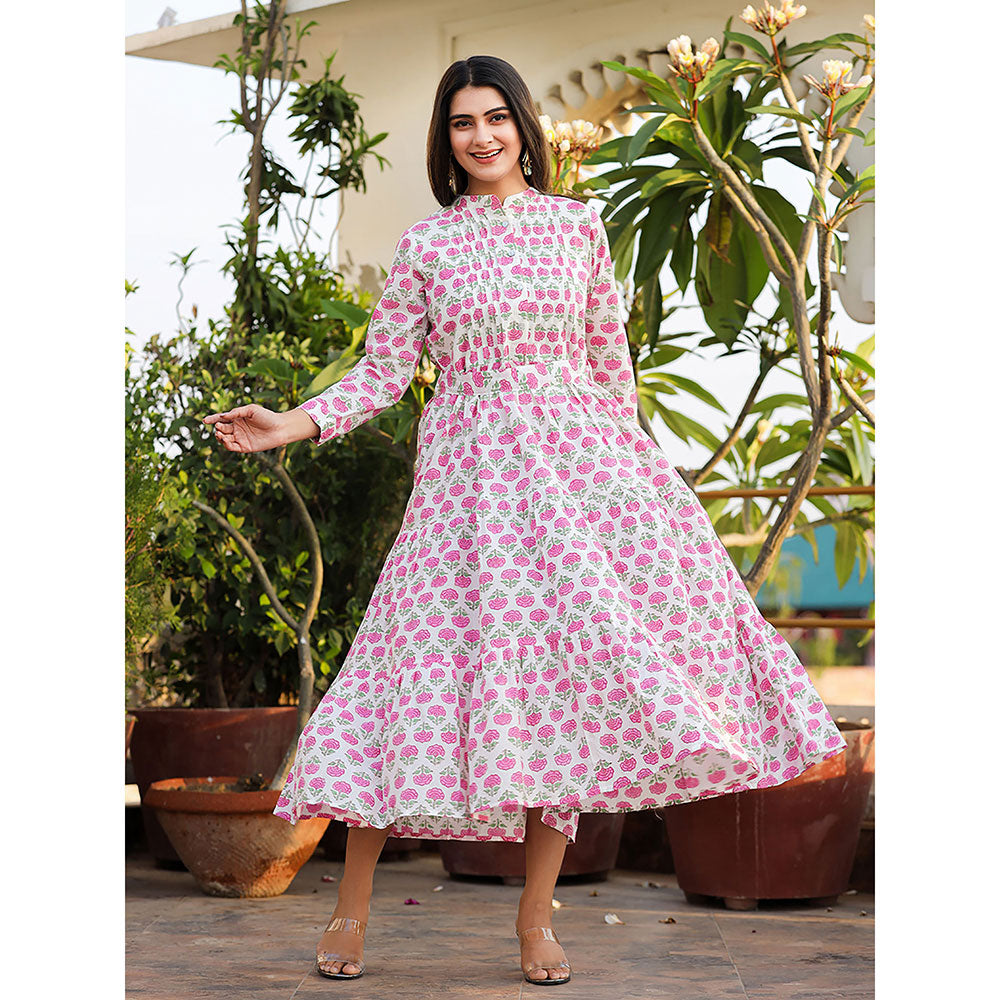 KAAJH Pink Floral Print Cotton Handblock Dress with Belt (Set of 2)