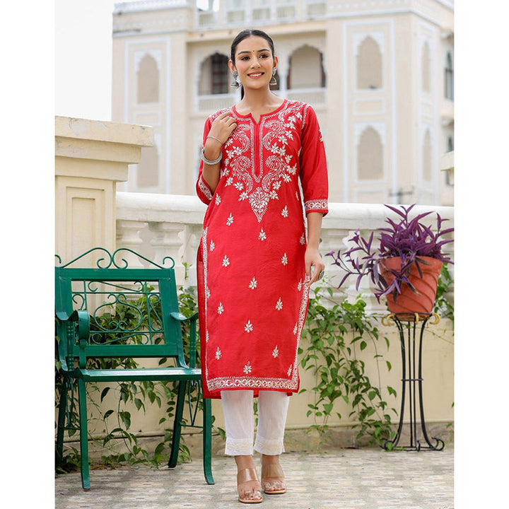 KAAJH Red Chikhankari Embroidered Kurta with Pant (Set of 2)