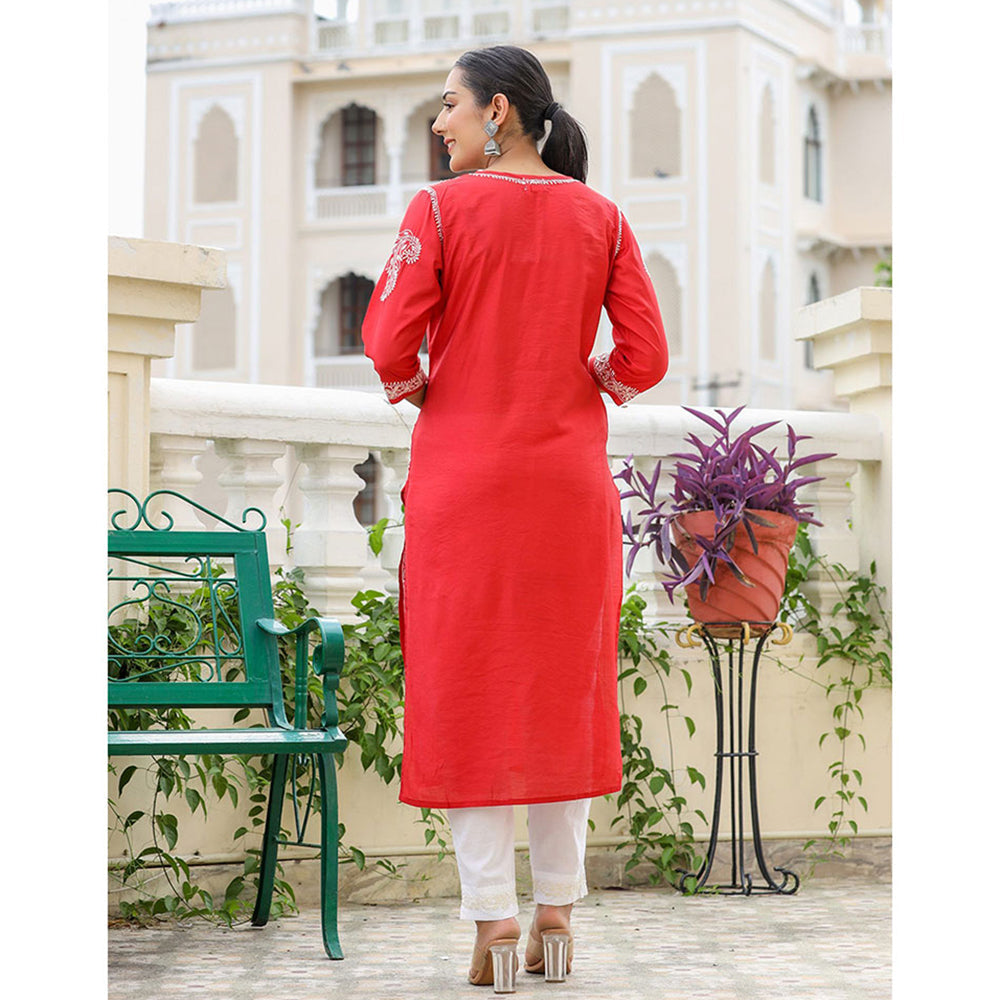 KAAJH Red Chikhankari Embroidered Kurta with Pant (Set of 2)