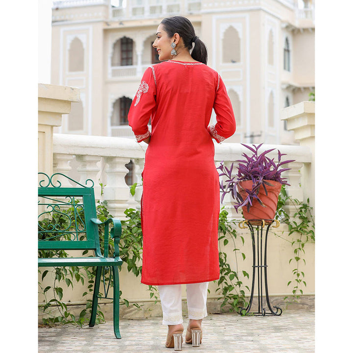 KAAJH Red Chikhankari Embroidered Kurta with Pant (Set of 2)