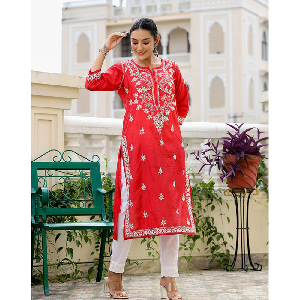 KAAJH Red Chikhankari Embroidered Kurta with Pant (Set of 2)