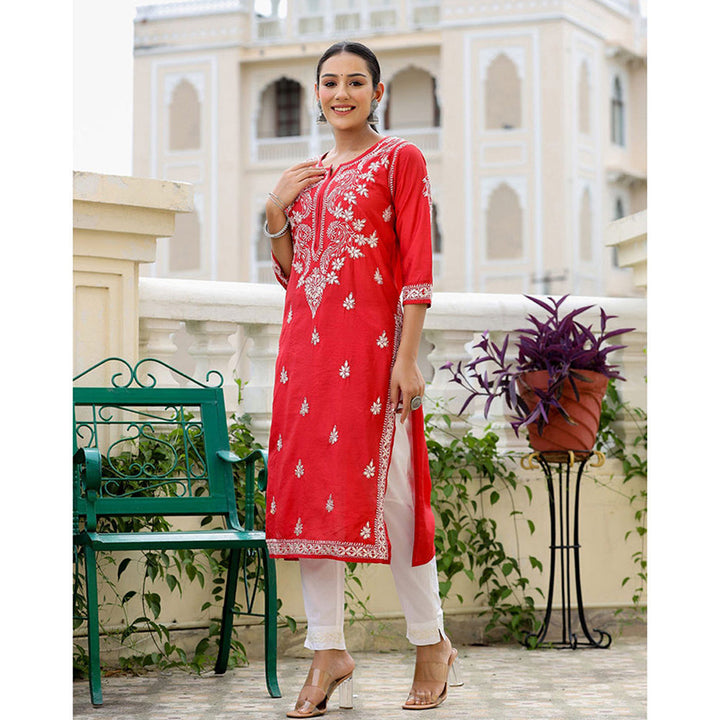 KAAJH Red Chikhankari Embroidered Kurta with Pant (Set of 2)