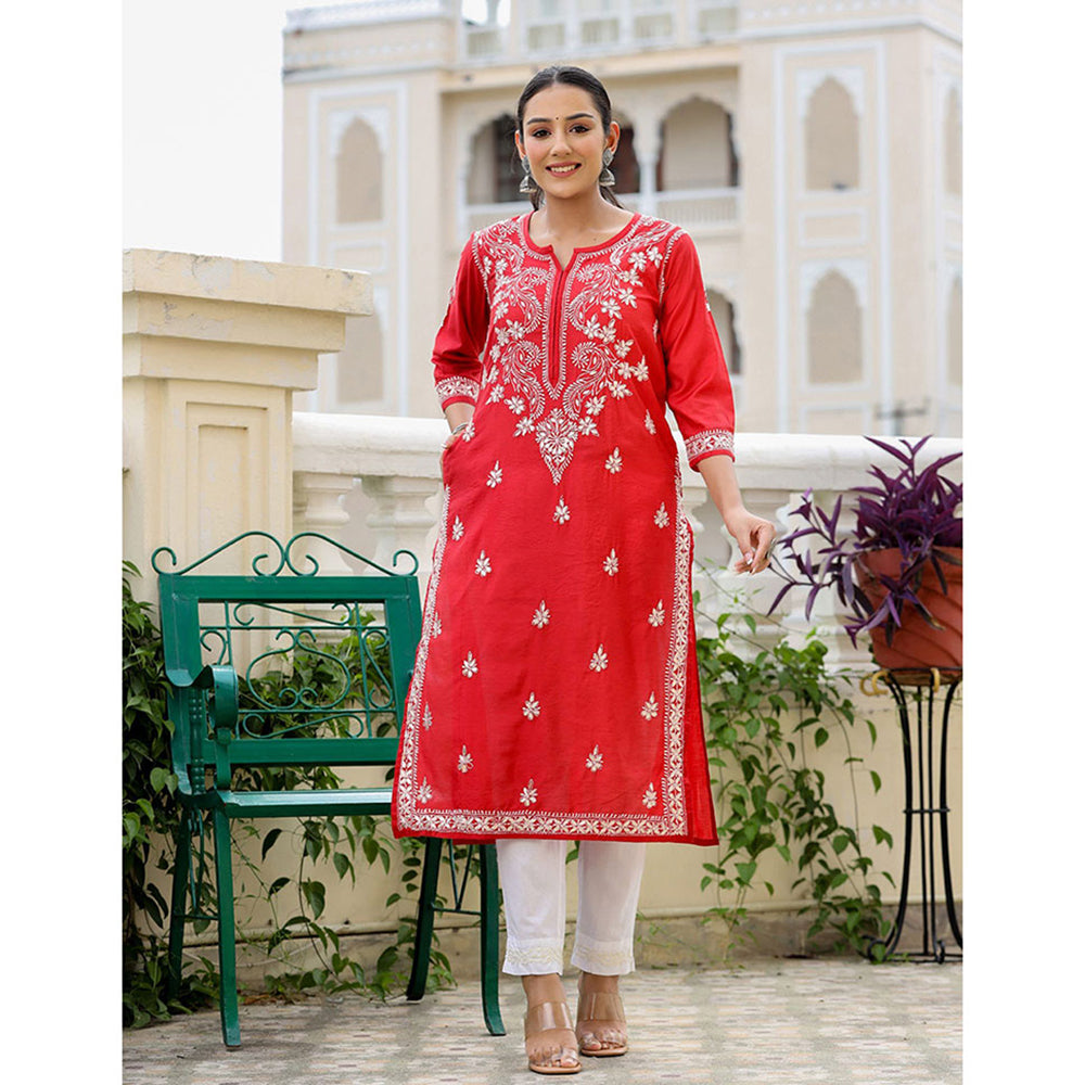 KAAJH Red Chikhankari Embroidered Kurta with Pant (Set of 2)