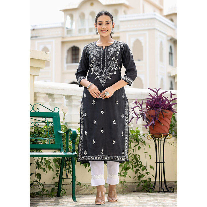 KAAJH Black Chikhankari Embroidered Kurta with Pant (Set of 2)