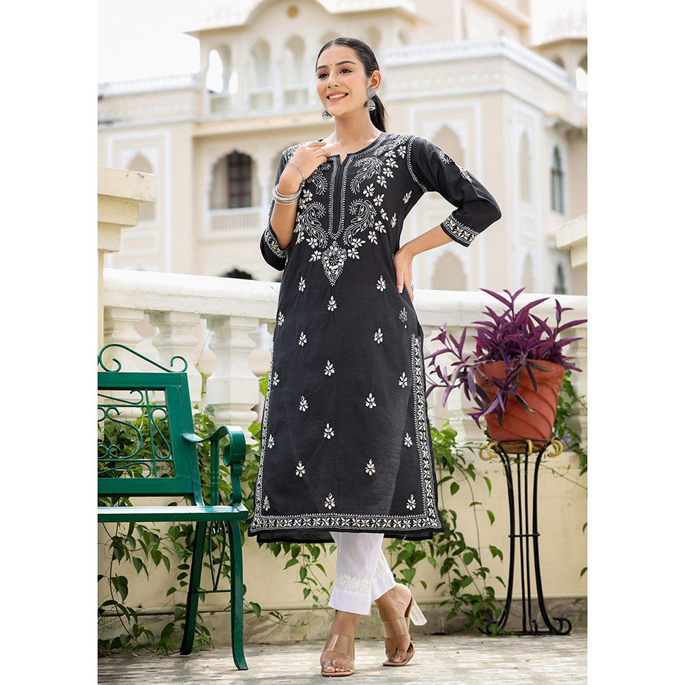 KAAJH Black Chikhankari Embroidered Kurta with Pant (Set of 2)