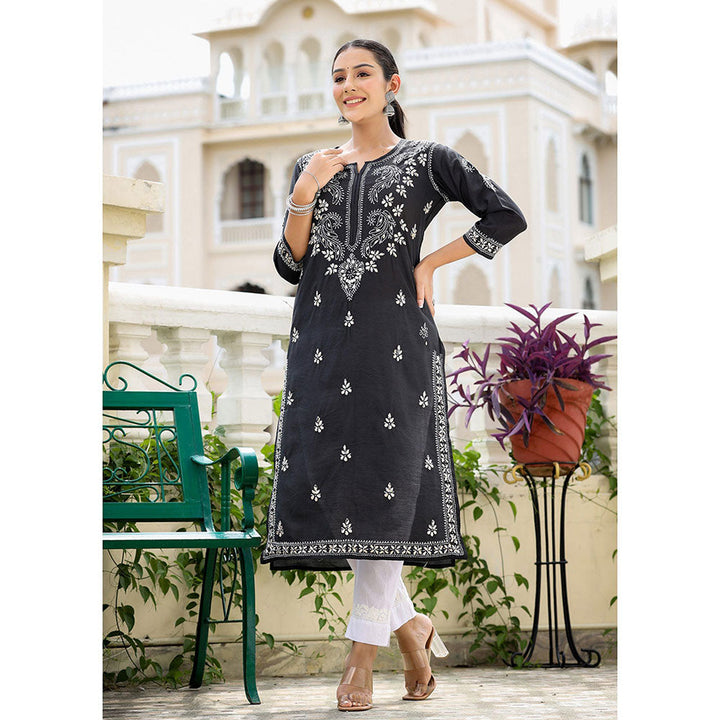 KAAJH Black Chikhankari Embroidered Kurta with Pant (Set of 2)