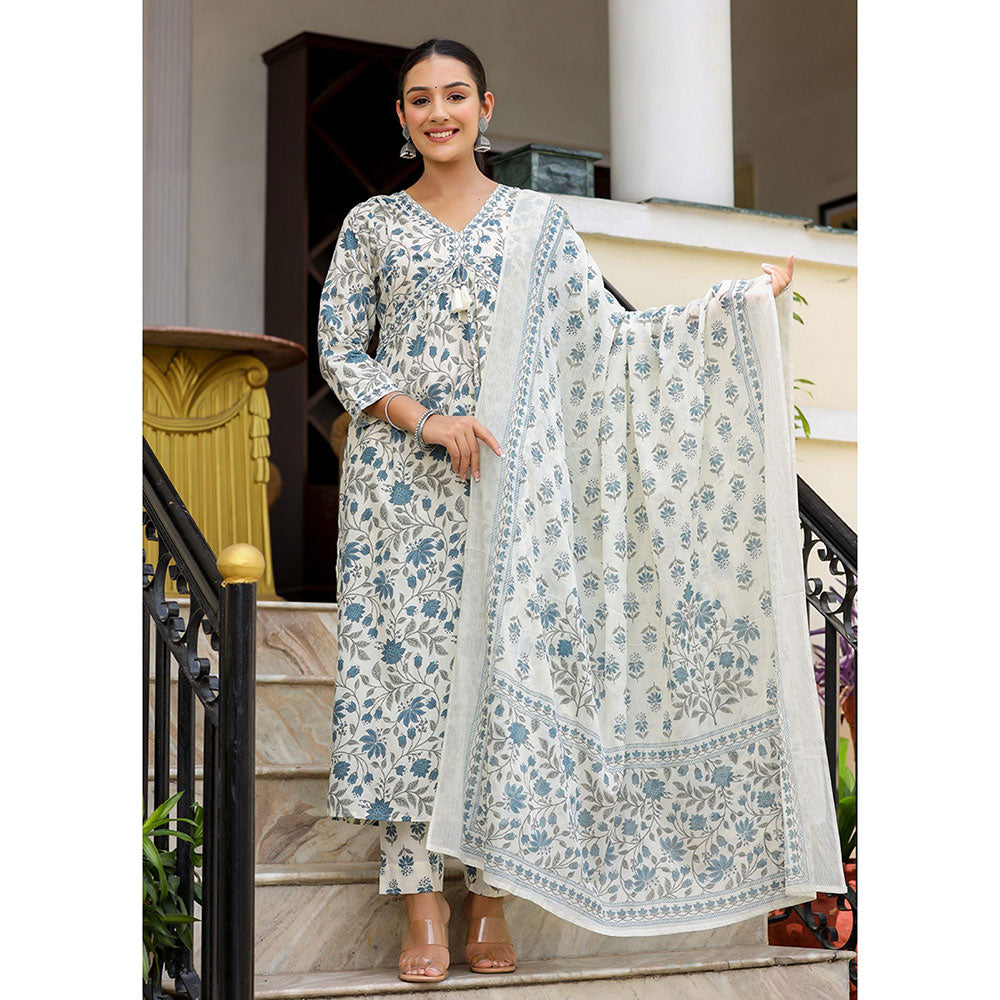 KAAJH White Floral Printed Aaliya Cut Kurta with Pant and Dupatta (Set of 3)