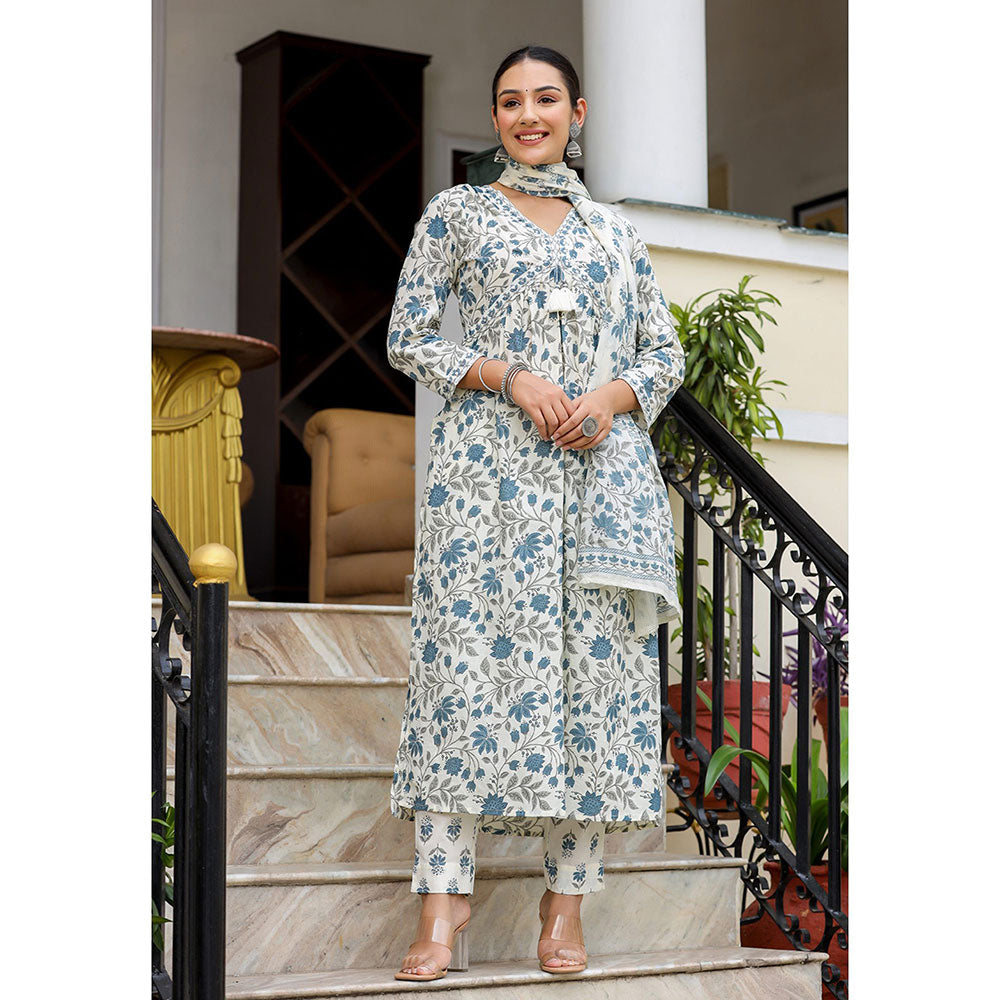 KAAJH White Floral Printed Aaliya Cut Kurta with Pant and Dupatta (Set of 3)