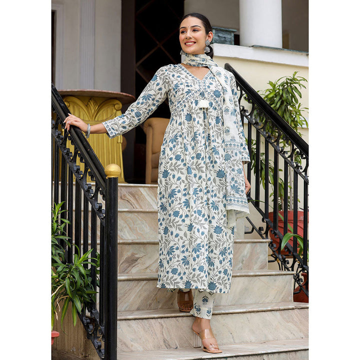 KAAJH White Floral Printed Aaliya Cut Kurta with Pant and Dupatta (Set of 3)