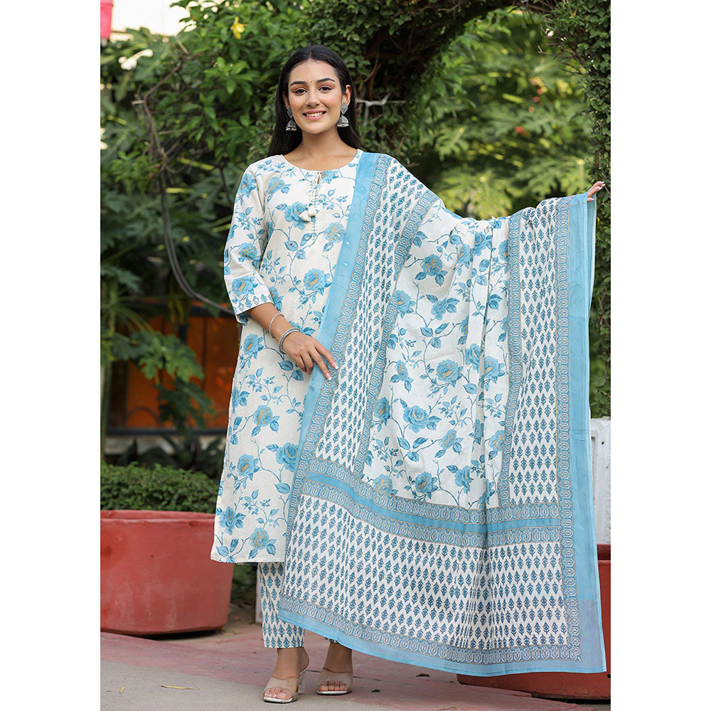 KAAJH Sky Blue Floral Print Cotton Kurta Pant with Dupatta (Set of 3)