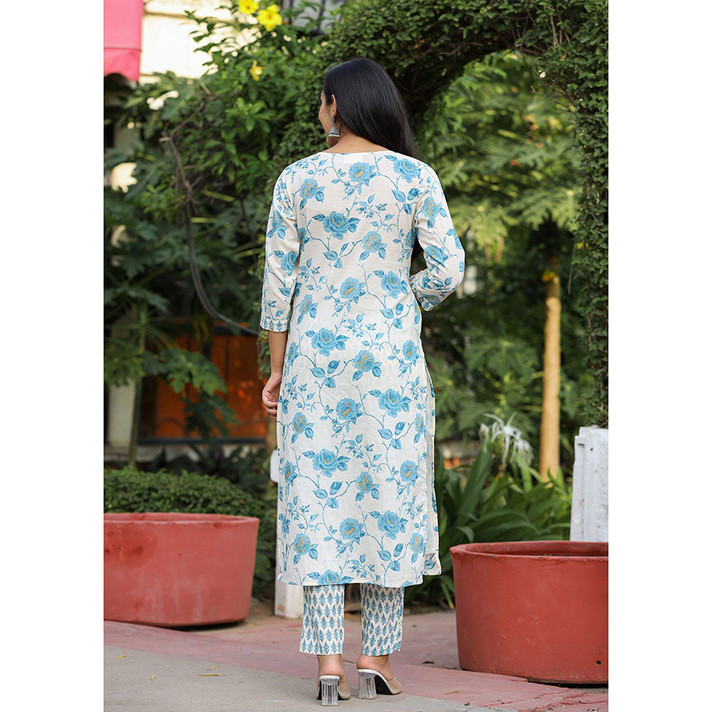 KAAJH Sky Blue Floral Print Cotton Kurta Pant with Dupatta (Set of 3)