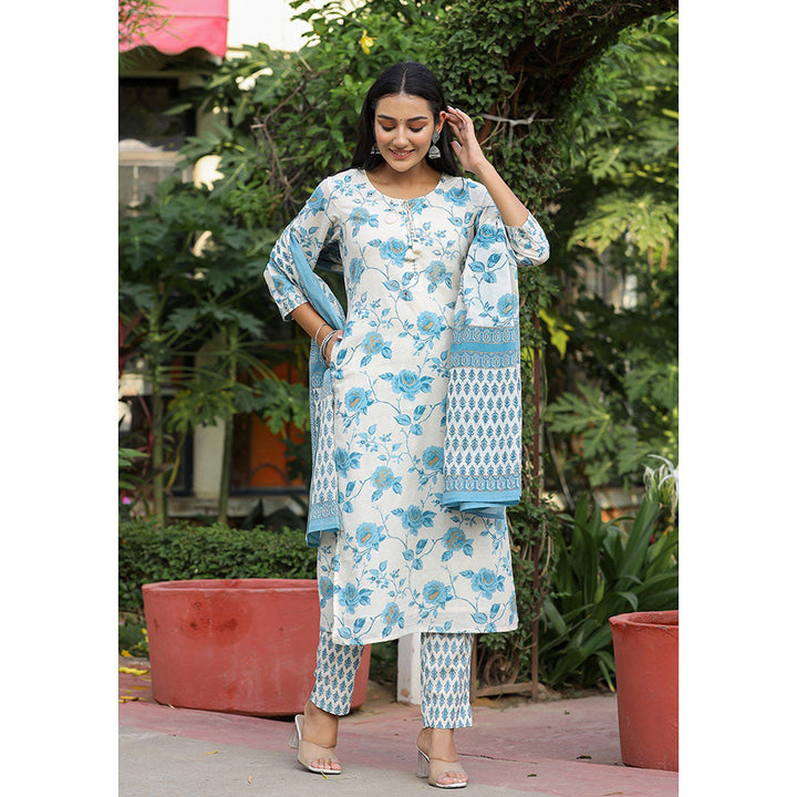 KAAJH Sky Blue Floral Print Cotton Kurta Pant with Dupatta (Set of 3)