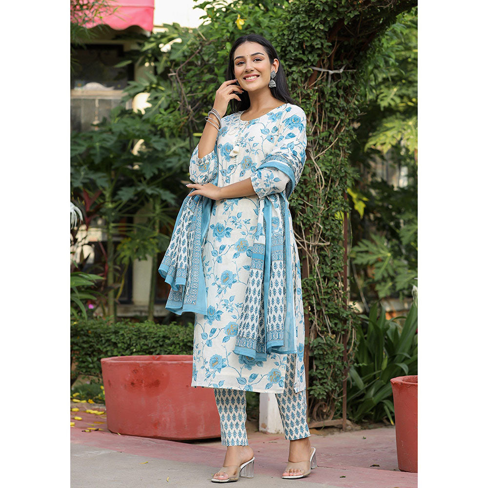 KAAJH Sky Blue Floral Print Cotton Kurta Pant with Dupatta (Set of 3)