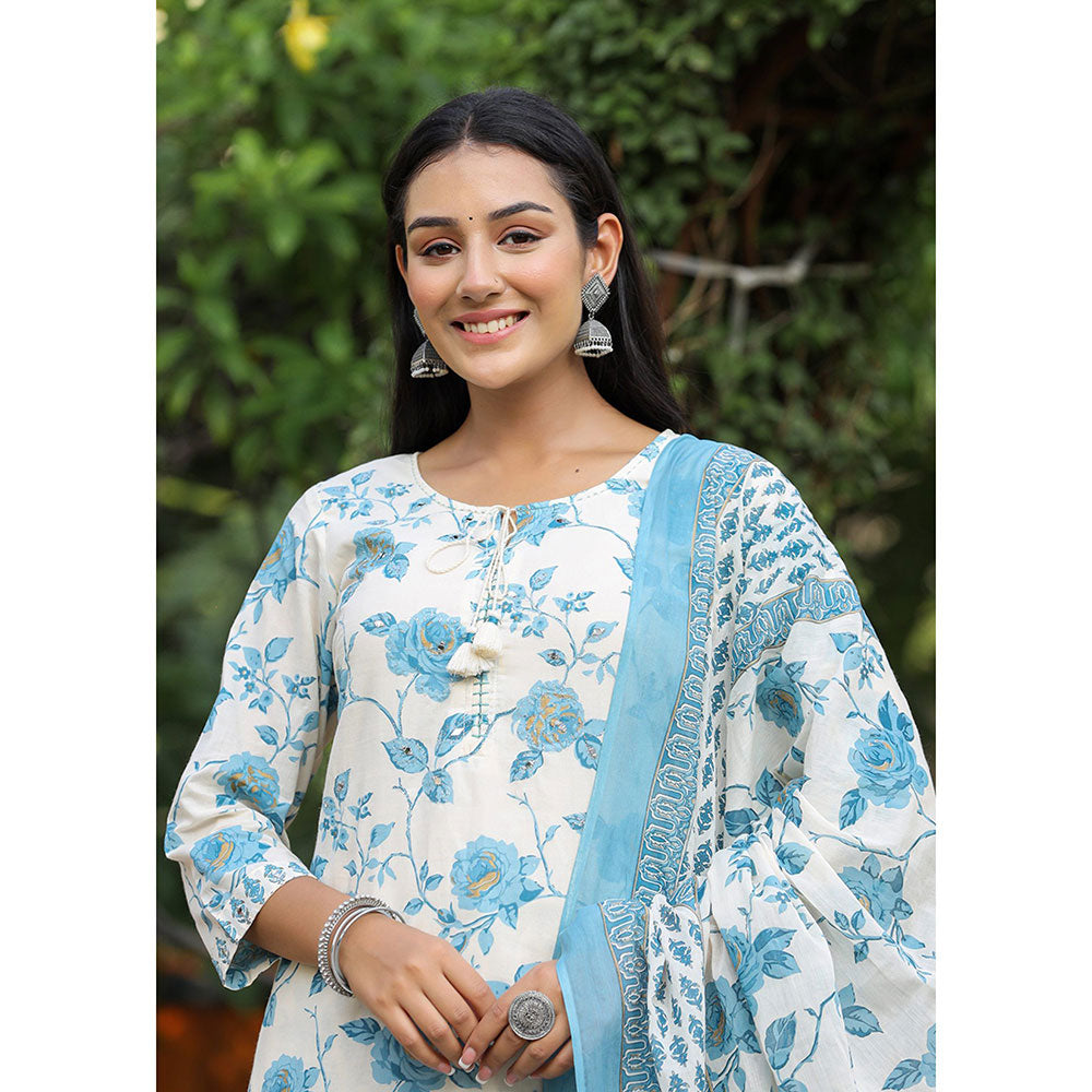 KAAJH Sky Blue Floral Print Cotton Kurta Pant with Dupatta (Set of 3)