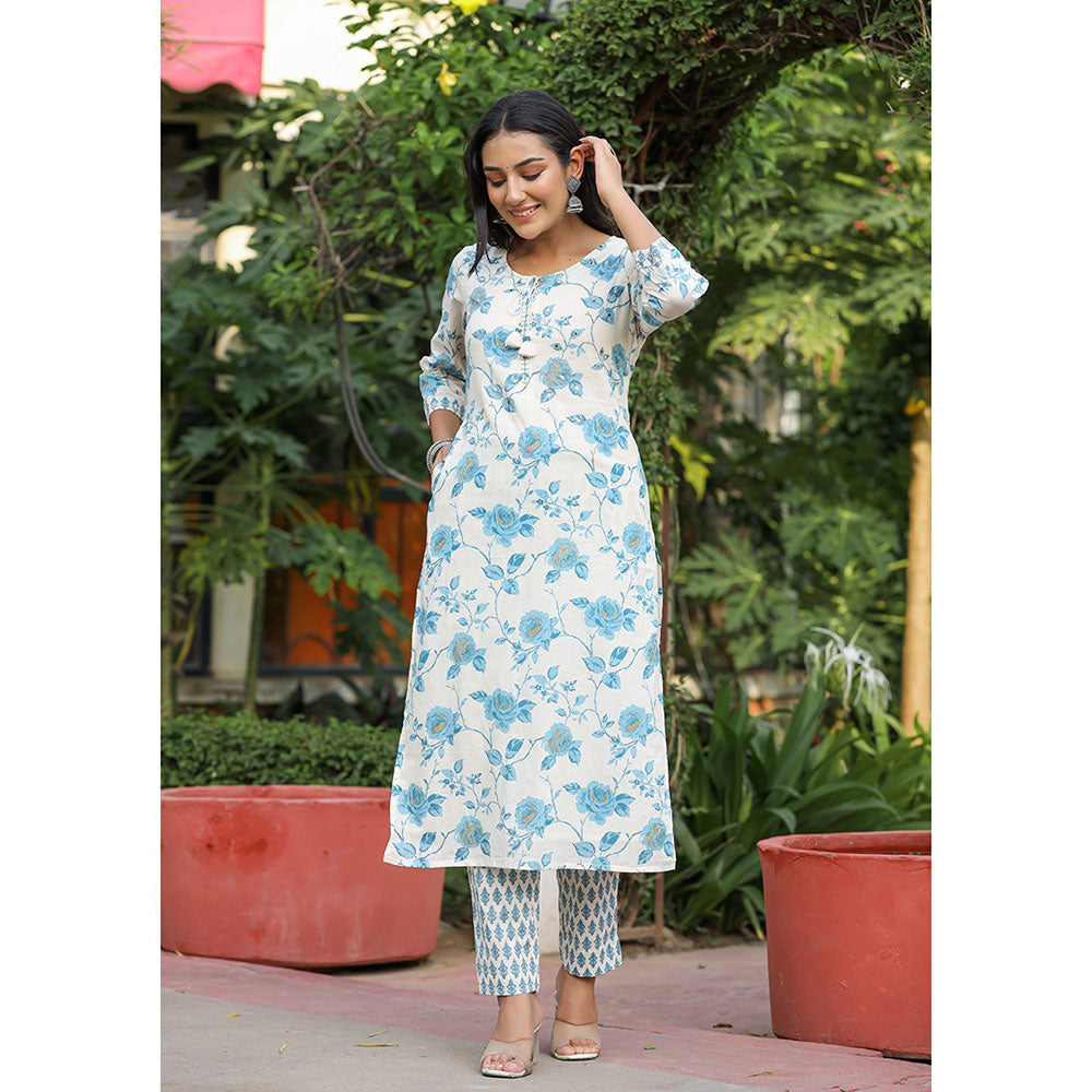 KAAJH Sky Blue Floral Print Cotton Kurta Pant with Dupatta (Set of 3)