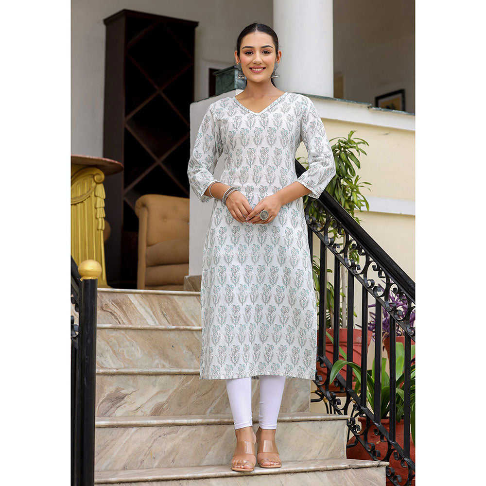 KAAJH White Floral Print Cotton Casual Kurta