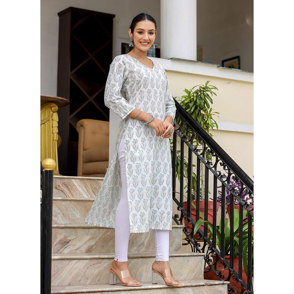 KAAJH White Floral Print Cotton Casual Kurta