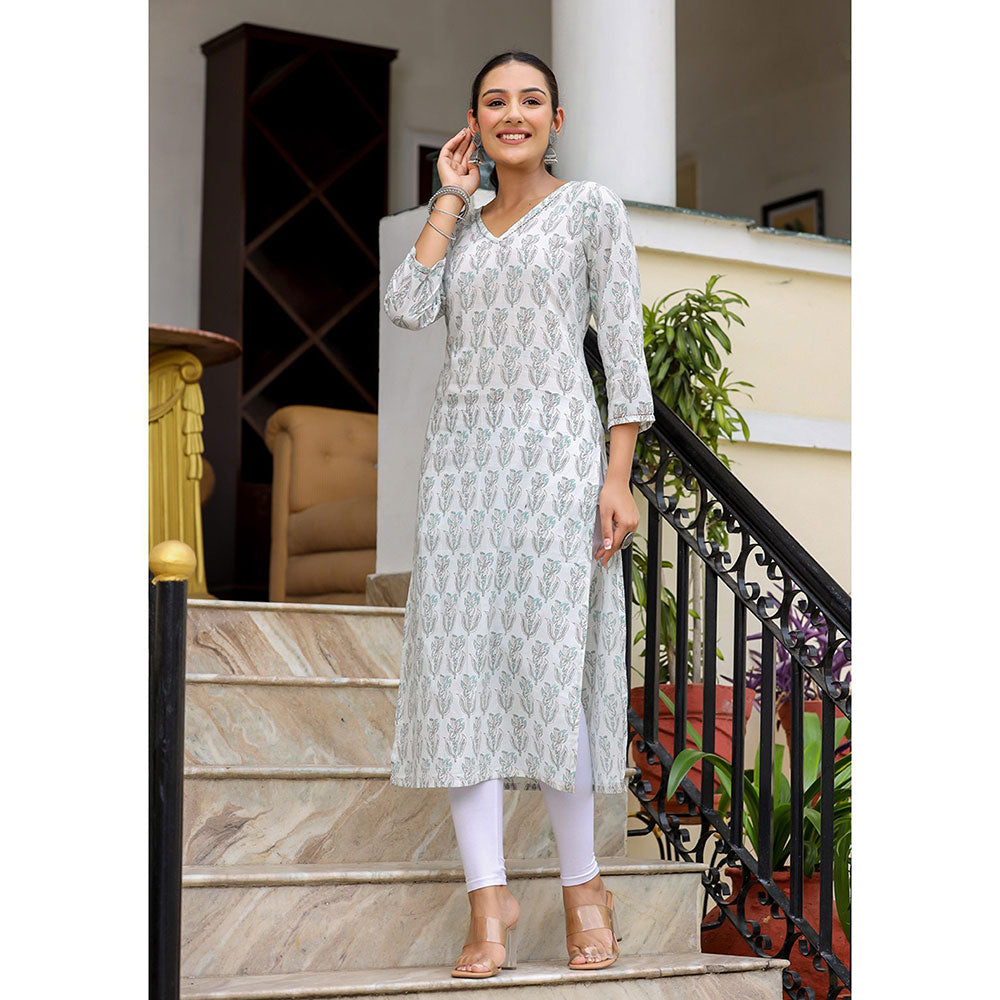 KAAJH White Floral Print Cotton Casual Kurta