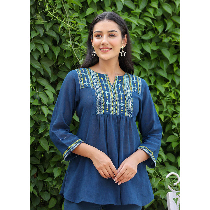 KAAJH Navy Blue Embroidered Cotton Tunic