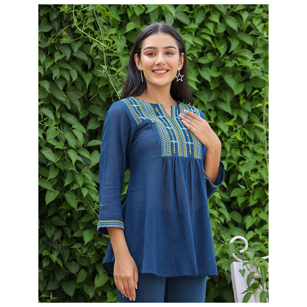 KAAJH Navy Blue Embroidered Cotton Tunic