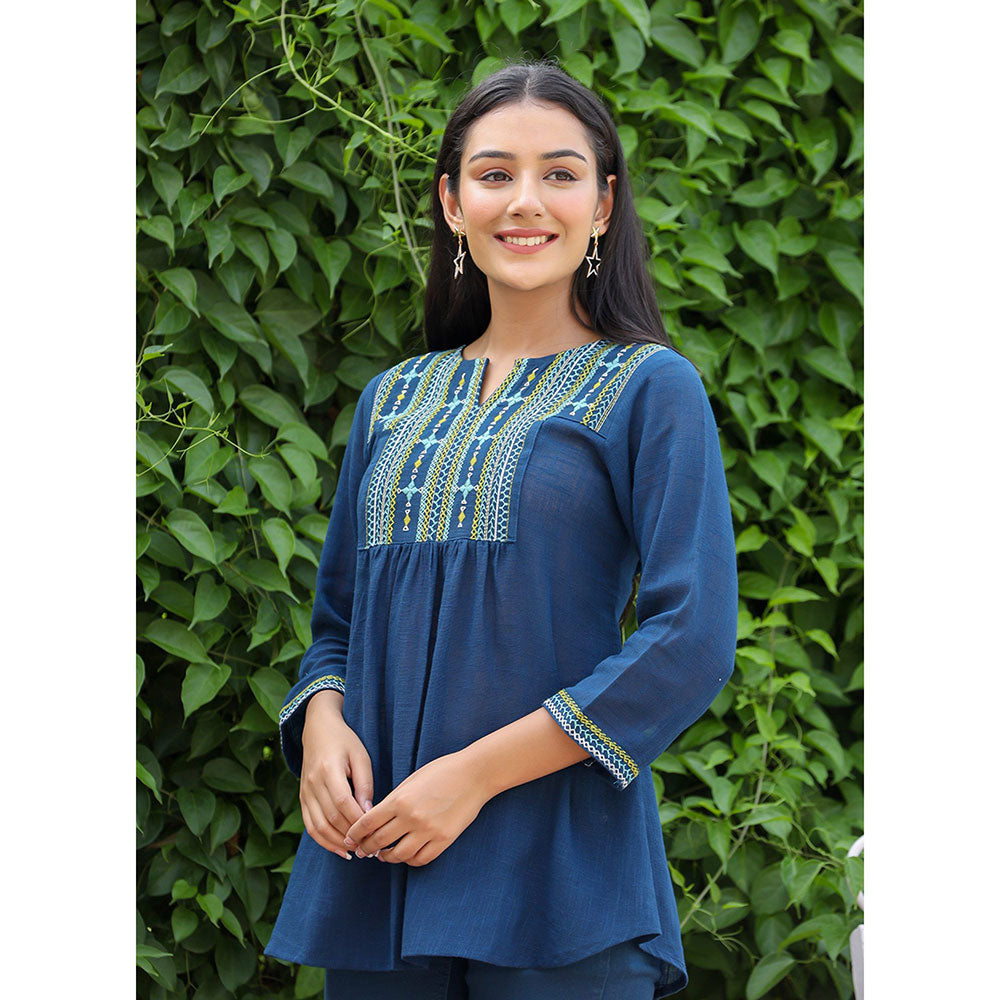 KAAJH Navy Blue Embroidered Cotton Tunic