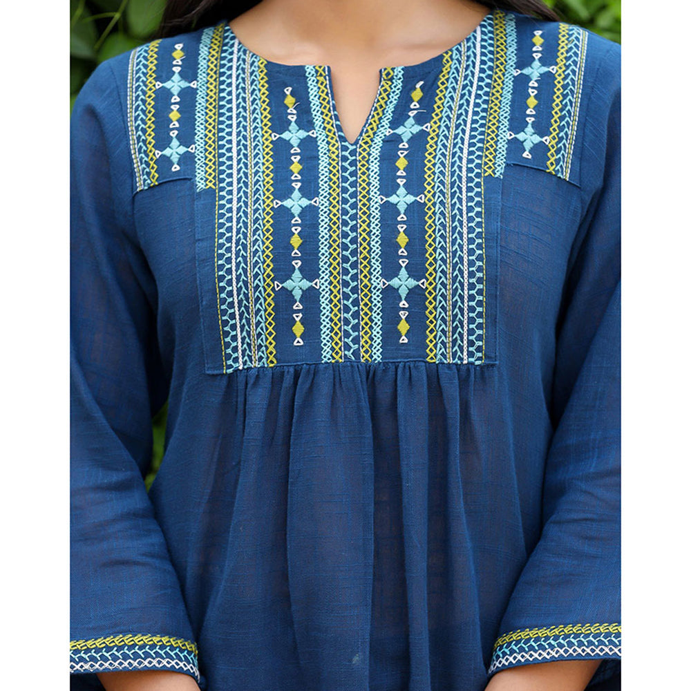 KAAJH Navy Blue Embroidered Cotton Tunic