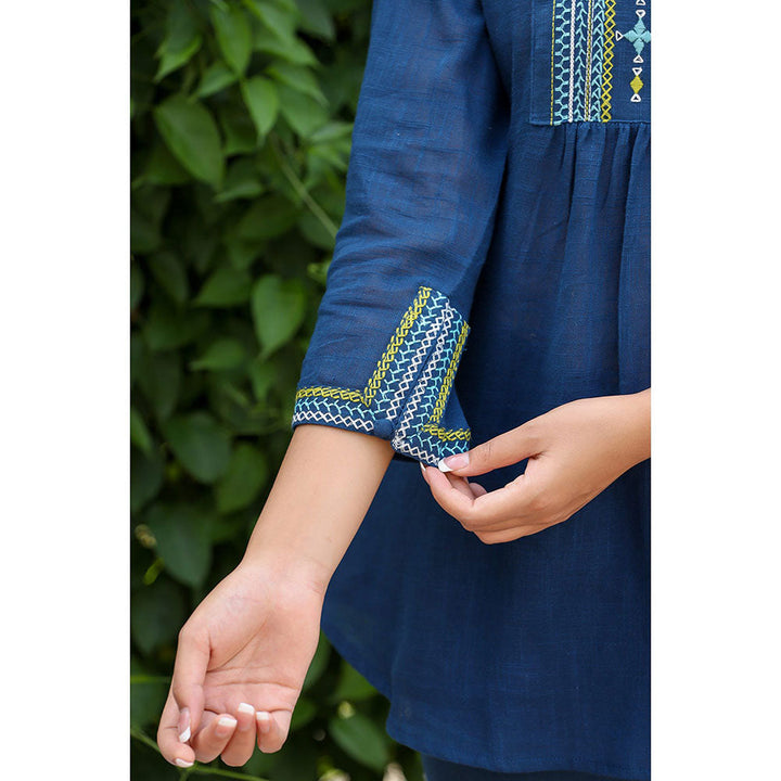 KAAJH Navy Blue Embroidered Cotton Tunic