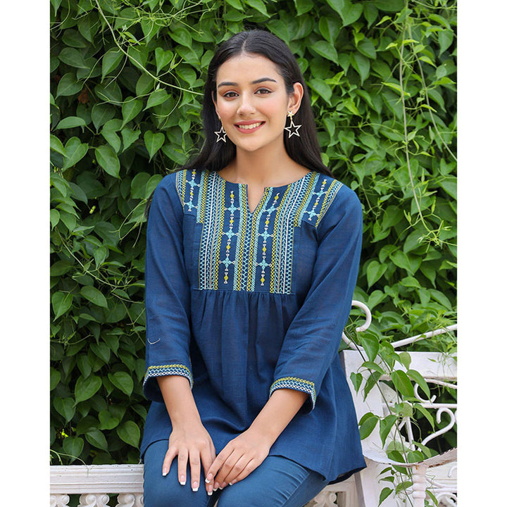 KAAJH Navy Blue Embroidered Cotton Tunic