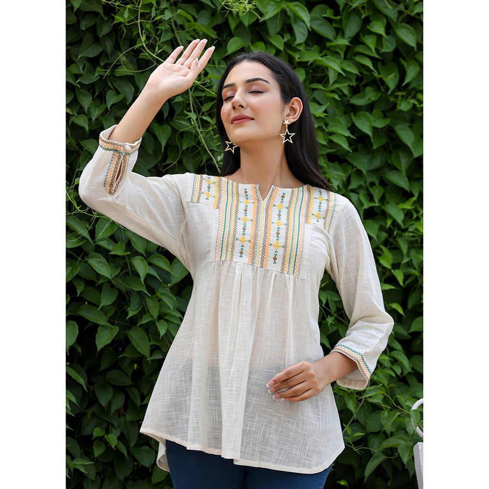 KAAJH Off White Embroidered Cotton Tunic