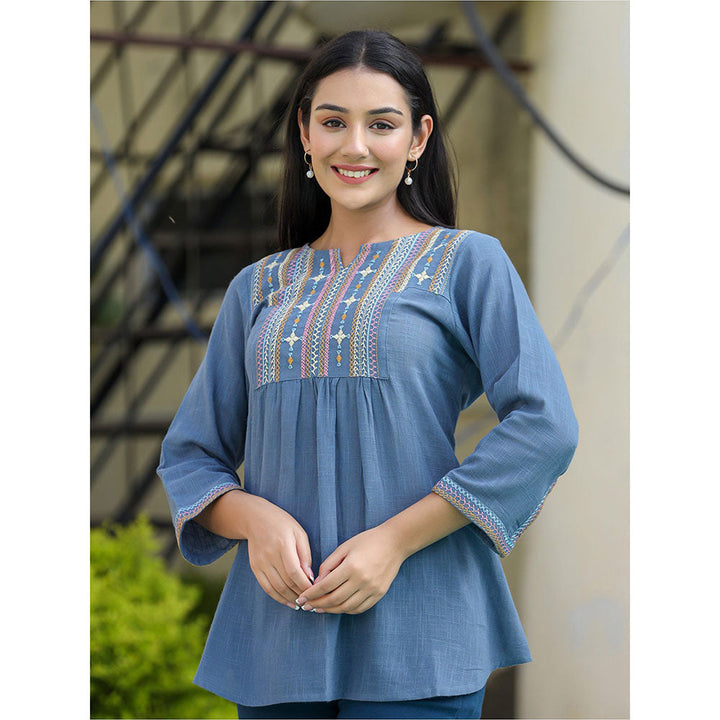 KAAJH Light Blue Embroidered Cotton Tunic