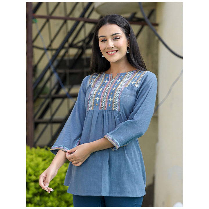 KAAJH Light Blue Embroidered Cotton Tunic