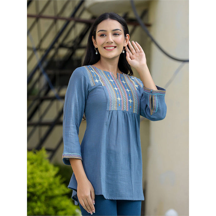 KAAJH Light Blue Embroidered Cotton Tunic